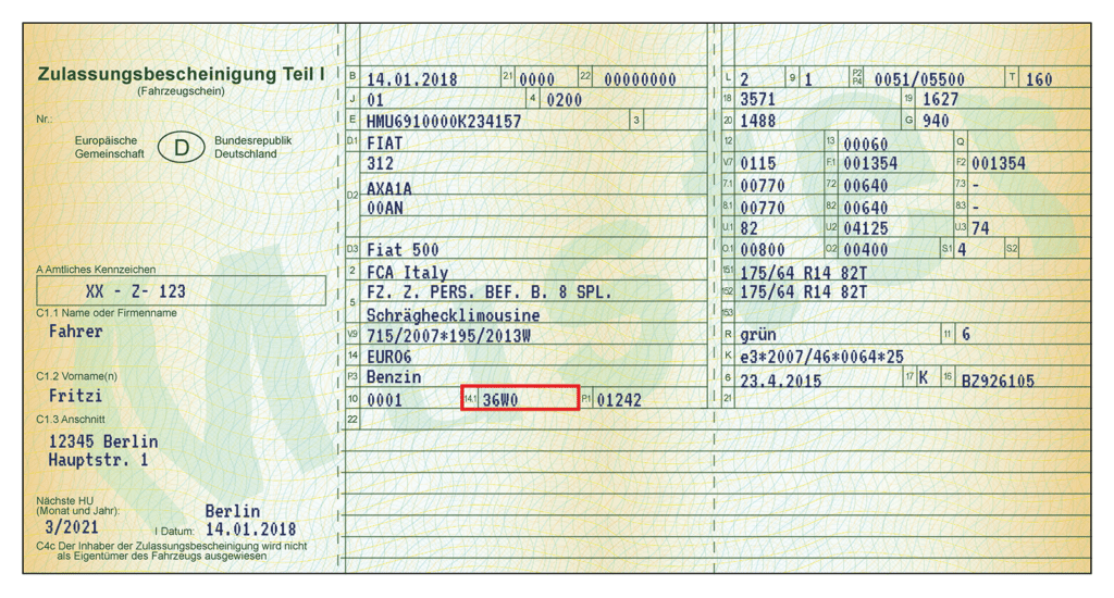 Abgasnorm: Die Schlüsselnummer für Ihr Fahrzeug finden Sie in der Regel im Feld 14.1. 