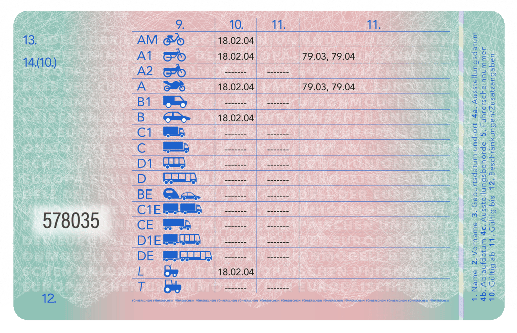 Führerschein als Muster von hinten: Sind die Führerscheinklassen und Schlüsselzahlen verbunden oder nicht?