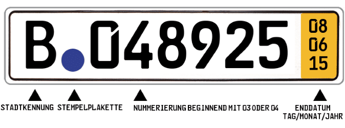 Das gelbe Feld gibt an, wie lange das Kurzzeitkennzeichen gültig ist.