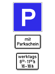 In dieser Parkzone dürfen Sie außerhalb der genannten Zeiten kostenlos parken. Innerhalb der Zeiten ist ein Parkschein zu ziehen.